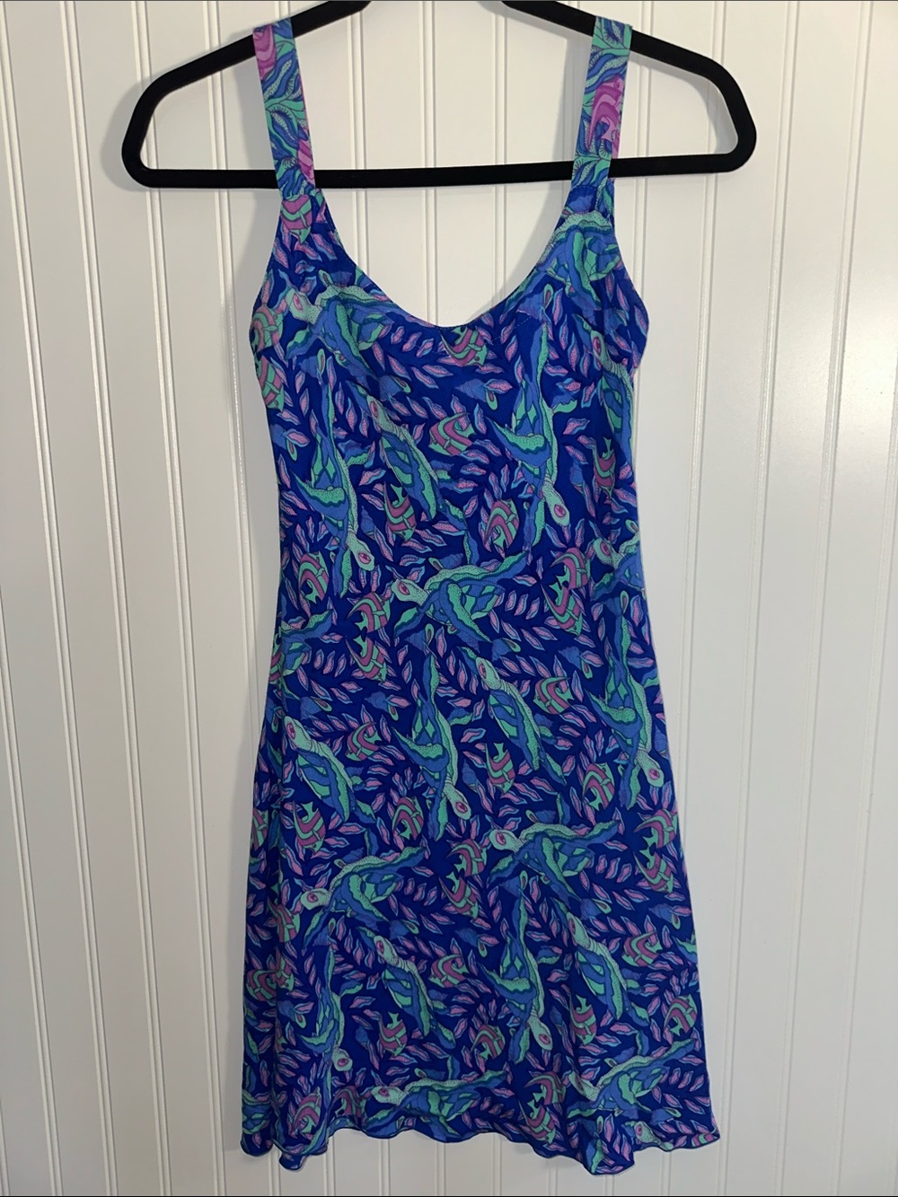 Rainbow Jo Blue Tropical Floral Rayon Mini Dress XS Vintage Y2K Beach